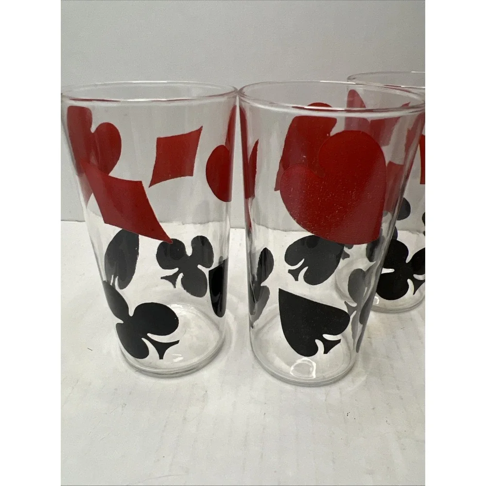 Mid Century Modern Card Suits Drinking Glasses Set of 6 Poker Night Barware